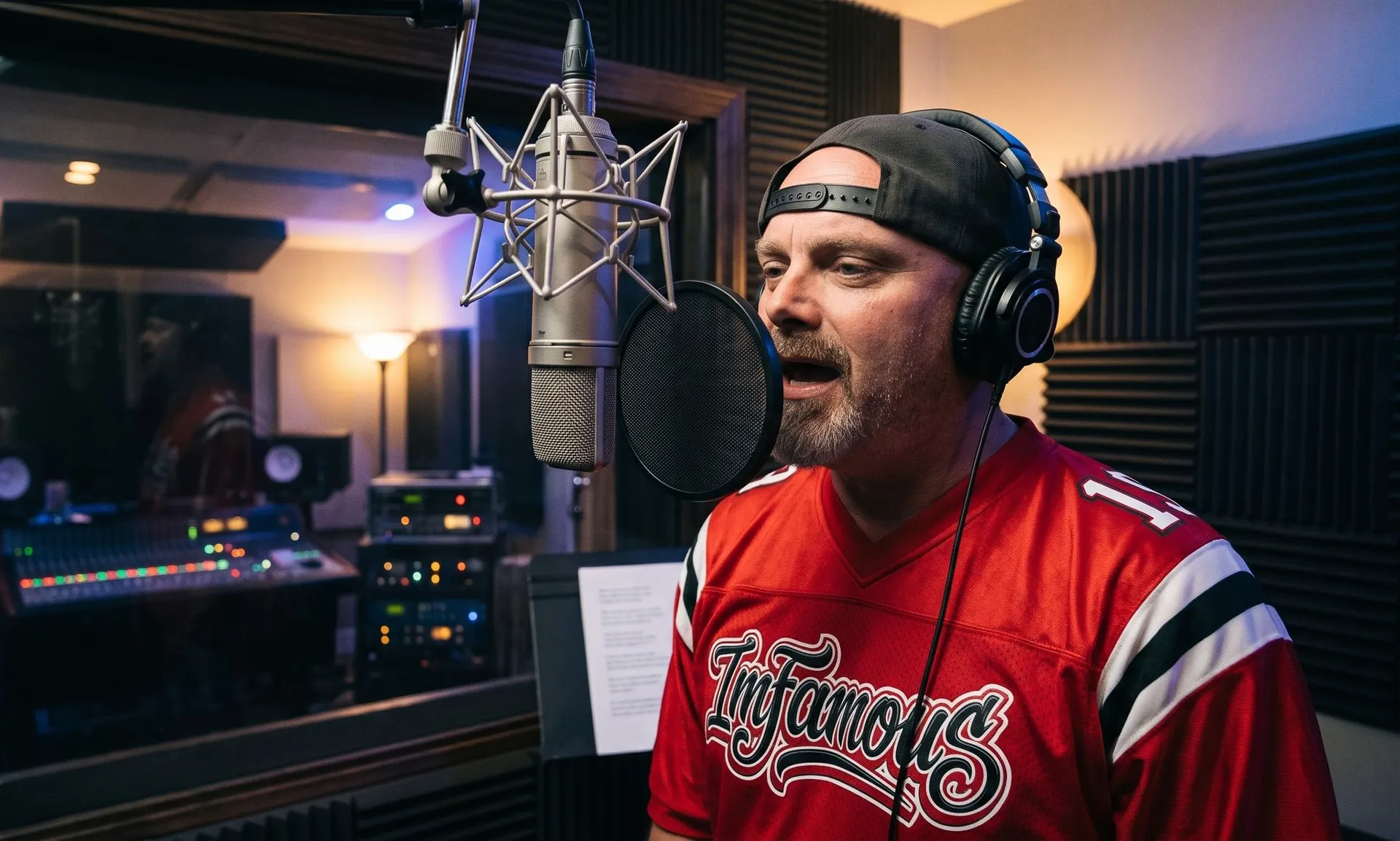 Richard Compton recording vocals into a studio microphone with headphones